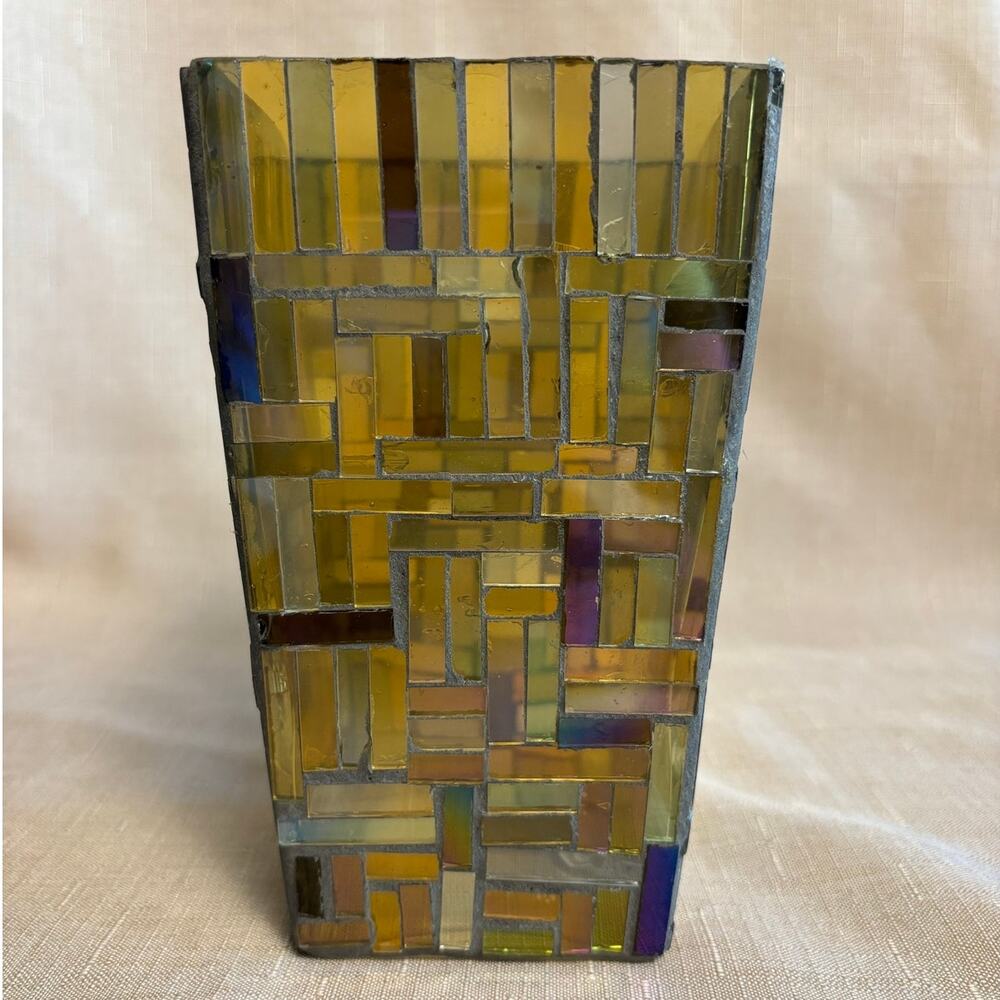 Rare 70's Boho Geometric Mosaic Multicolored Stained Glass 6.5" Table Vase